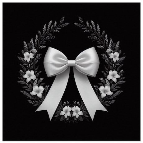 Foto bonita de moño de luto, un moño totalmente blanco rodeado de flores