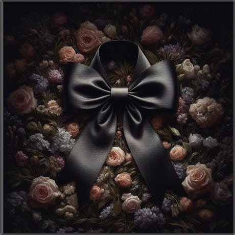 imagen de moño de luto rodeadi de flores de duelo